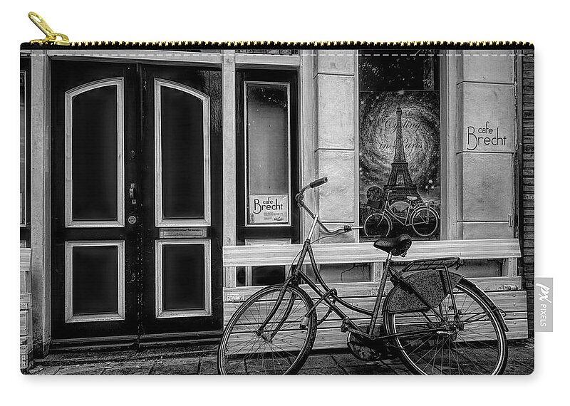 Amsterdam Zip Pouch featuring the photograph City Bike Downtown in Black and White by Debra and Dave Vanderlaan