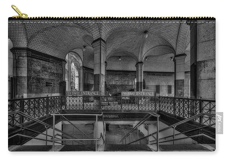 Chambers Street Zip Pouch featuring the photograph City Hall NYC Subway Station BW by Susan Candelario