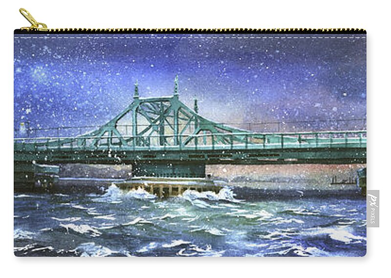 City Island Zip Pouch featuring the painting City Island Bridge Winter by Marguerite Chadwick-Juner