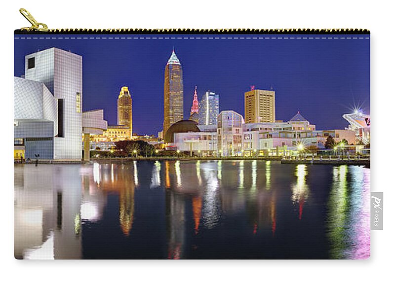 Cleveland Skyline Zip Pouch featuring the photograph Cleveland Skyline at Dusk Rock Roll Hall Fame by Jon Holiday
