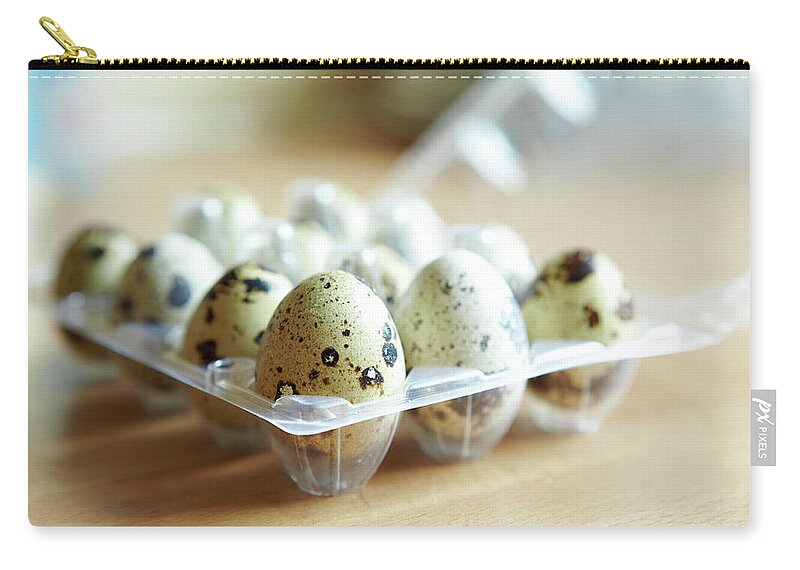 Large Group Of Objects Zip Pouch featuring the photograph Close Up Of Carton Of Quail Eggs by Debby Lewis-harrison