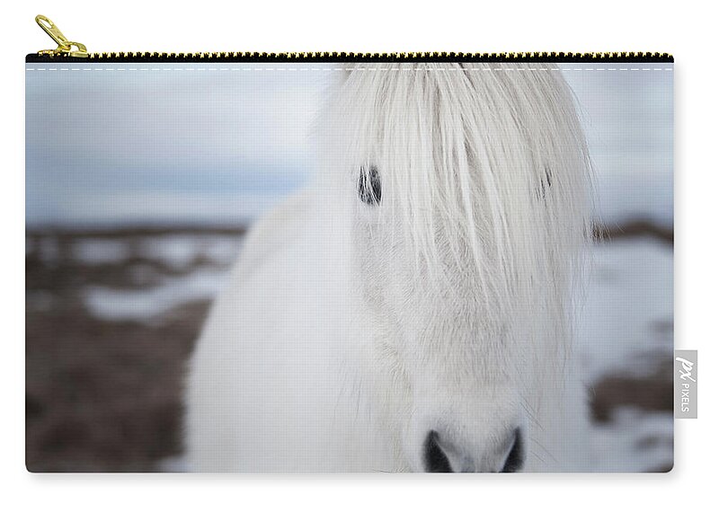 Snow Zip Pouch featuring the photograph Close Up Of White Horses Face by Elli Thor Magnusson