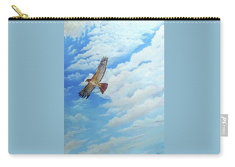 Hawk; Bird; Clouds; Cloudy; Flying; Flight. Zip Pouch featuring the painting Cloudy Day Flight by Teri Merrill