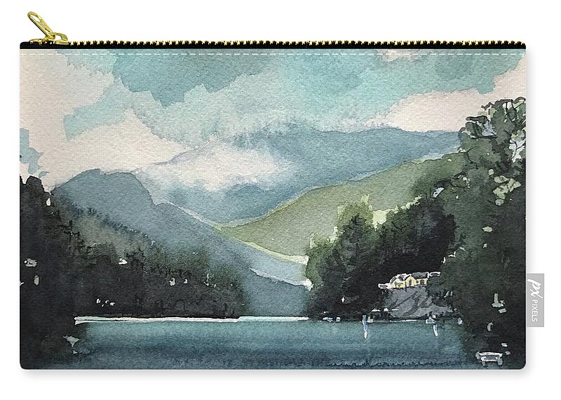 Watercolor Zip Pouch featuring the painting Cloudy Lake View by Luisa Millicent