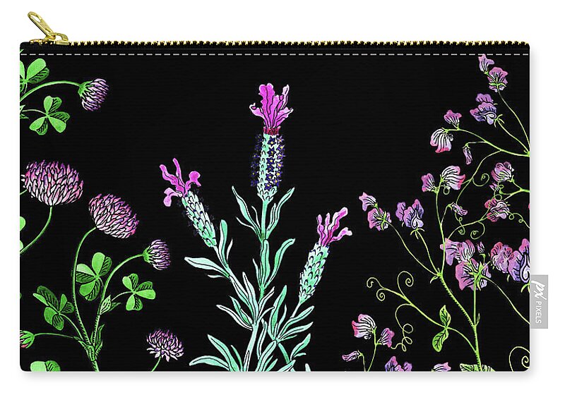 Lavender Zip Pouch featuring the painting Clover Lavender And Sweet Pea Wildflowers by Irina Sztukowski