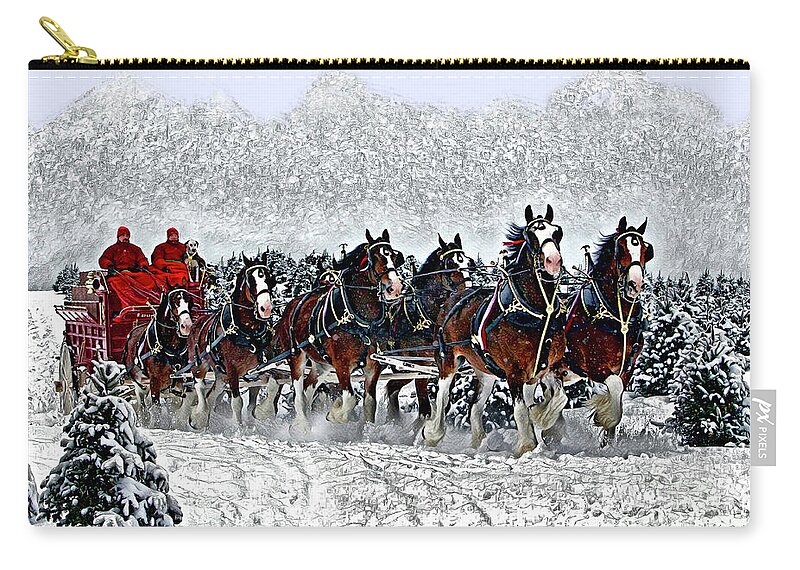 Clydesdales Zip Pouch featuring the digital art Clydesdales Hitch In Snow by CAC Graphics