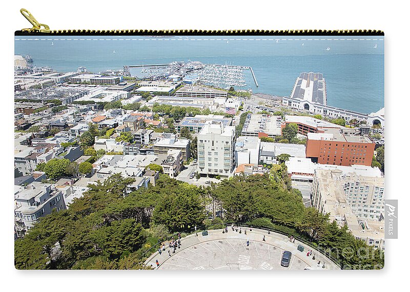 Wingsdomain Zip Pouch featuring the photograph Coit Tower Parking Circle On Telegraph Hill Overlooking Pier 39 and Alcatraz San Francisco R603 by Wingsdomain Art and Photography