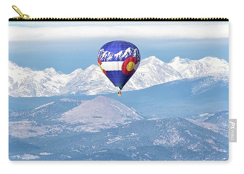 Balloon Zip Pouch featuring the photograph Colorado Hot Air Balloon and the Rocky Mountains by Tony Hake