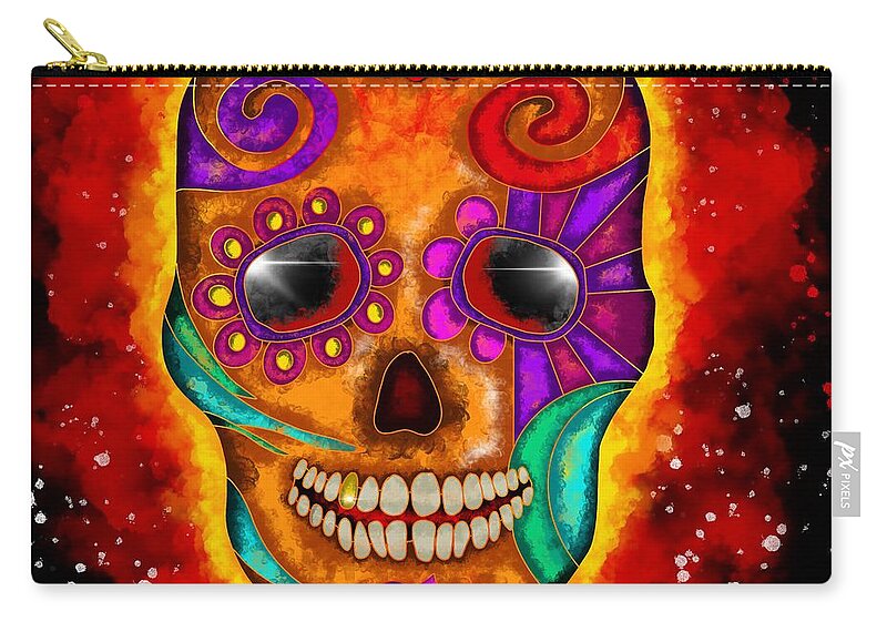 Colorful Zip Pouch featuring the painting Colorful abstract skull and fireball by Patricia Piotrak
