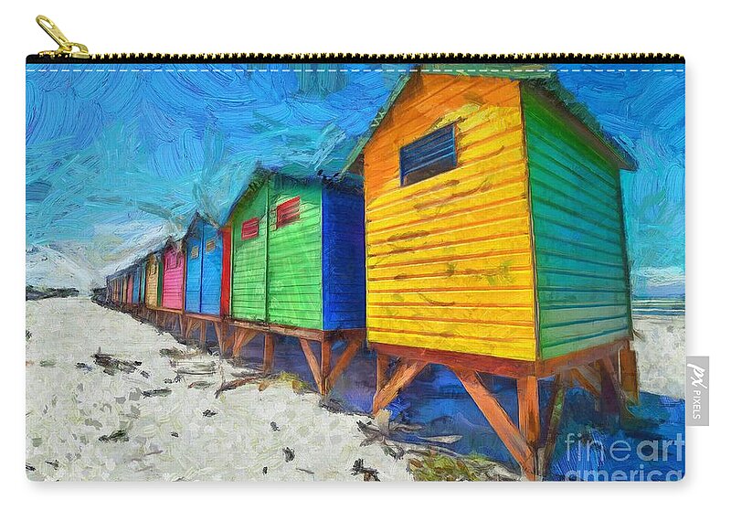Muizenberg Zip Pouch featuring the digital art Colorful Beach Huts by Eva Lechner