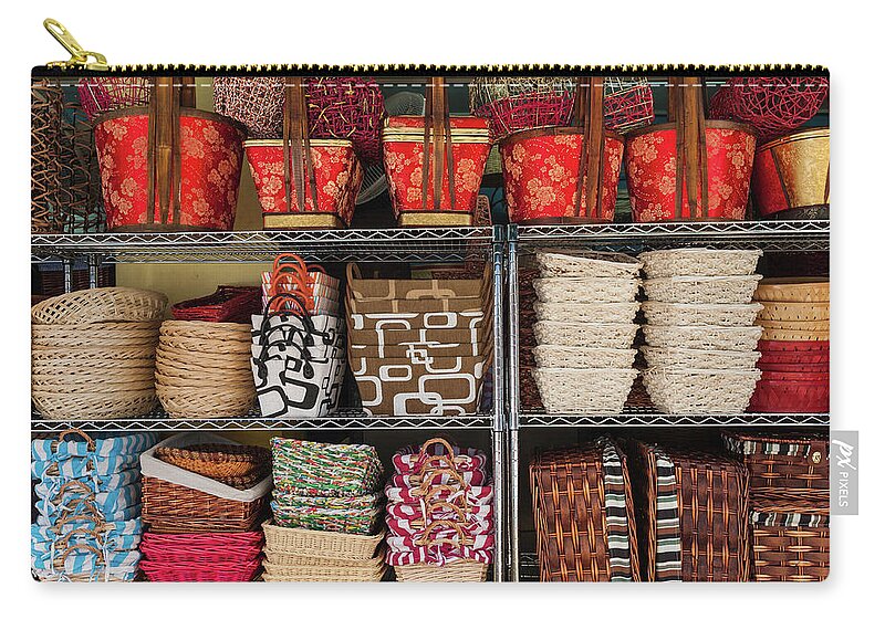 Asian And Indian Ethnicities Zip Pouch featuring the photograph Colourful Woven Baskets Market Display by Fotovoyager