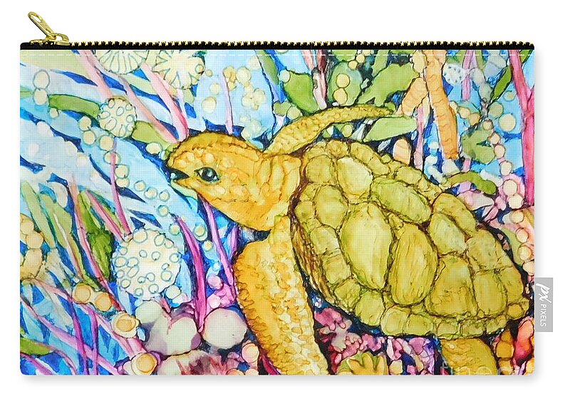 All The Colors Of The Rainbow Surround This Friendly Turtle Zip Pouch featuring the painting Cool by Joan Clear
