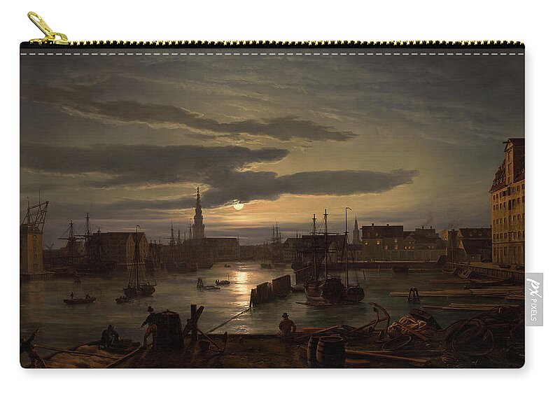 Ship Zip Pouch featuring the painting Copenhagen Harbor by Moonlight                         by Johan Christian Dahl