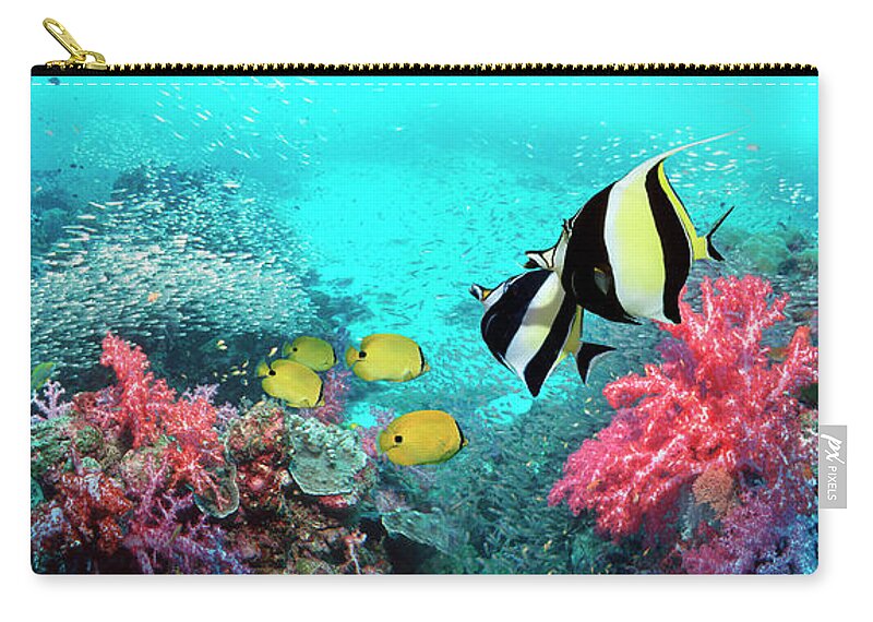 Underwater Zip Pouch featuring the photograph Coral Reef Scenery Panorama With by Georgette Douwma