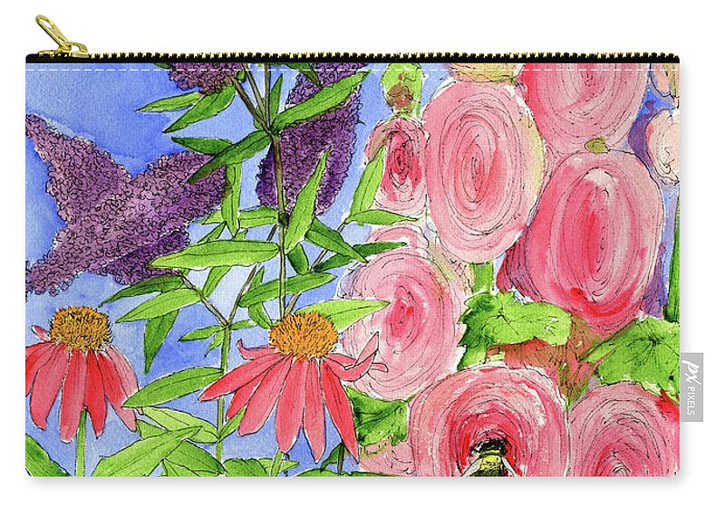 Watercolor Zip Pouch featuring the painting Cottage Garden Hollyhock Bees Blue Skie by Laurie Rohner