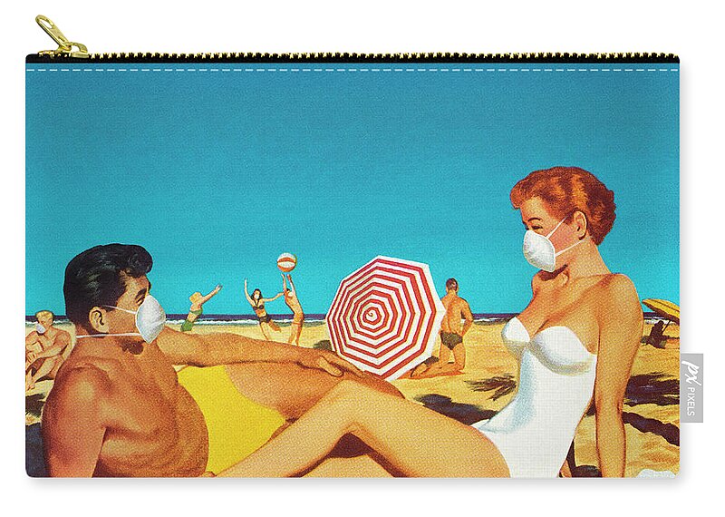Adult Zip Pouch featuring the drawing Couple Wearing Protective Masks at Beach by CSA Images