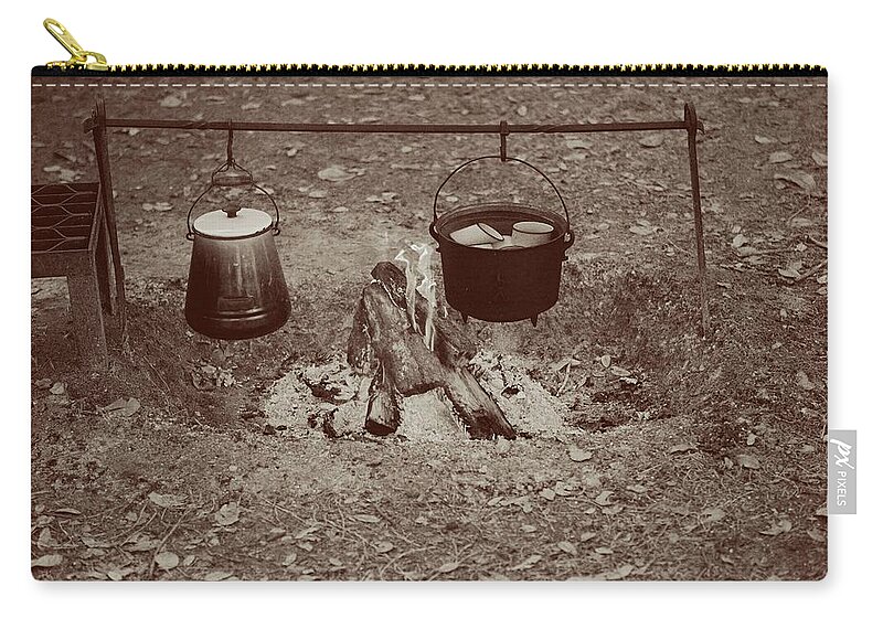 Sepia Zip Pouch featuring the photograph Cowboy Camp by T Lynn Dodsworth