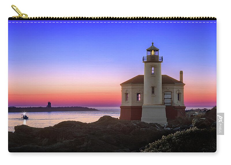Lighthouse Zip Pouch featuring the photograph Crab Boat At The Bandon Lighthouse by James Eddy