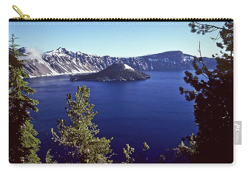 Crater Lake Zip Pouch featuring the photograph Crater Lake And Wizard Island by Jeffgoulden