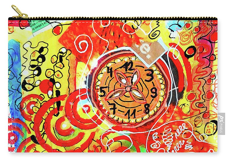 Clock Zip Pouch featuring the mixed media Crazy Time by Mimulux Patricia No