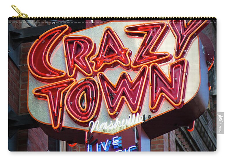 Reid Callaway Crazy Town Zip Pouch featuring the photograph Crazy Town Broadway Neon Signage Nashville Tennessee Art by Reid Callaway