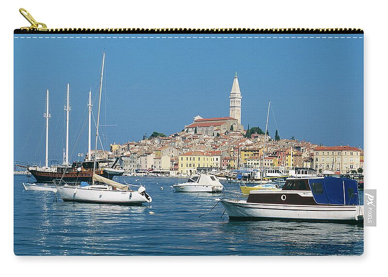 Adriatic Sea Zip Pouch featuring the photograph Croatia, Rovinj, Boats In Harbor, Town by Stefano Salvetti
