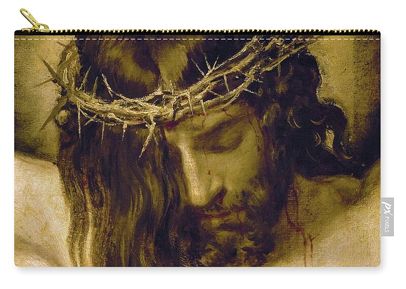 Cristo Crucificado Zip Pouch featuring the painting Crucified Christ -detail of the head-. Cristo crucificado. Madrid, Prado museum. DIEGO VELAZQUEZ . by Diego Velazquez -1599-1660-