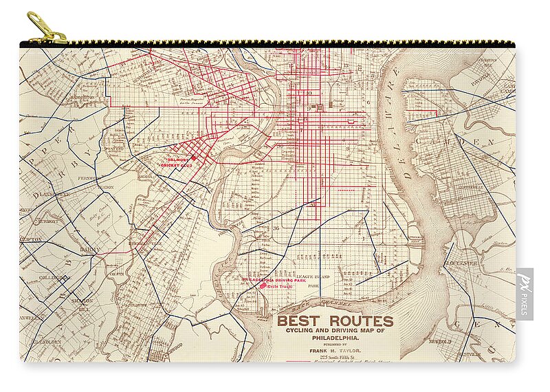 Philadelphia Zip Pouch featuring the mixed media Cyclers' and drivers' best routes in and around Philadelphia by Frank H Taylor