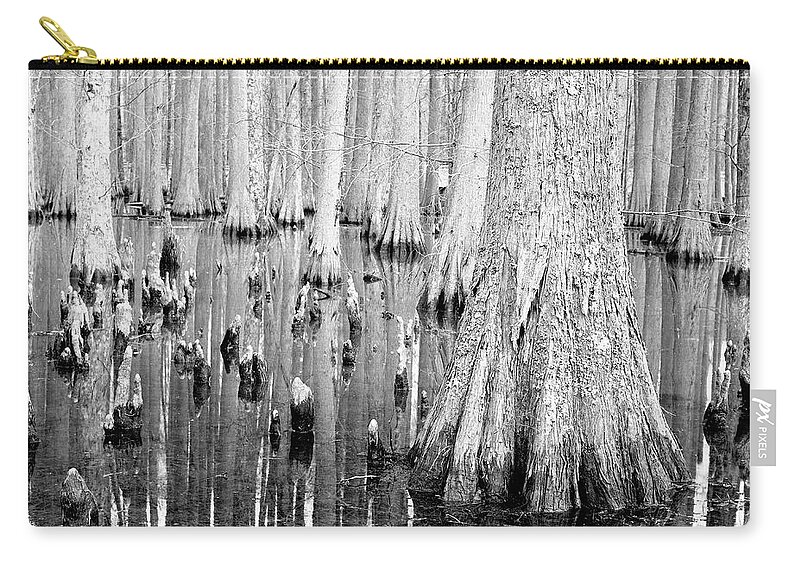 Tranquility Zip Pouch featuring the photograph Cypress Trees With Reflection In River by Holden Richards