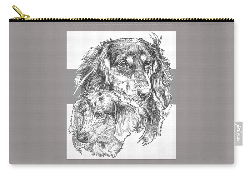 Hound Group Zip Pouch featuring the drawing Dachshund - Long-hair and Pup by Barbara Keith