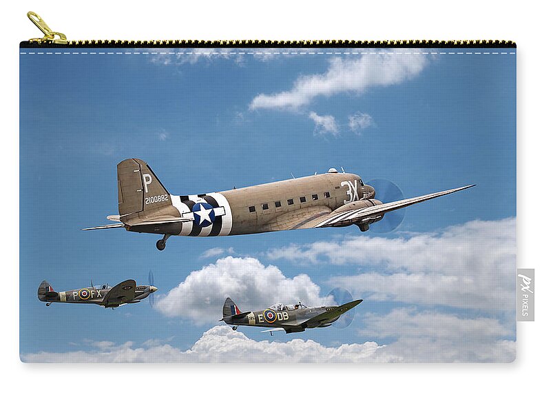 Aircraft Zip Pouch featuring the photograph Dakota And Spitfires En Route To Normandy by Gill Billington