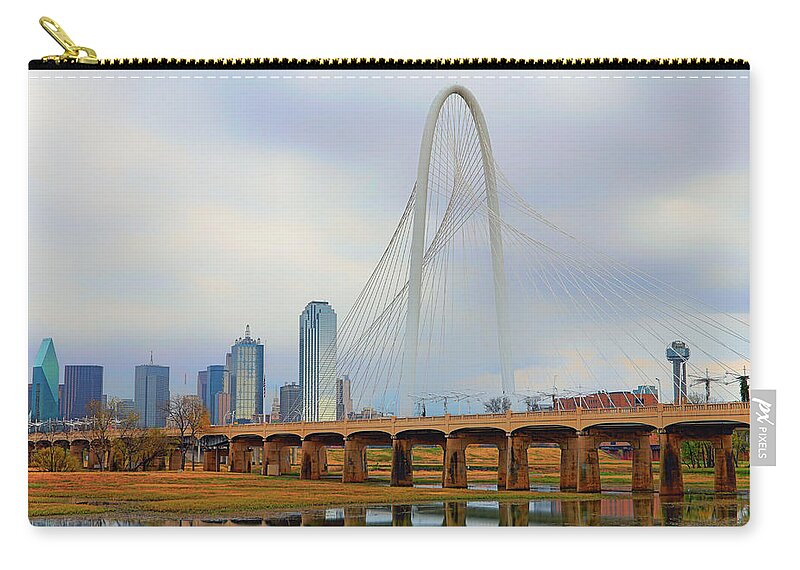 Dallas Skyline Zip Pouch featuring the photograph Dallas Skyline with the Margaret Hunt Hill Bridge - Texas - Cityscape by Jason Politte
