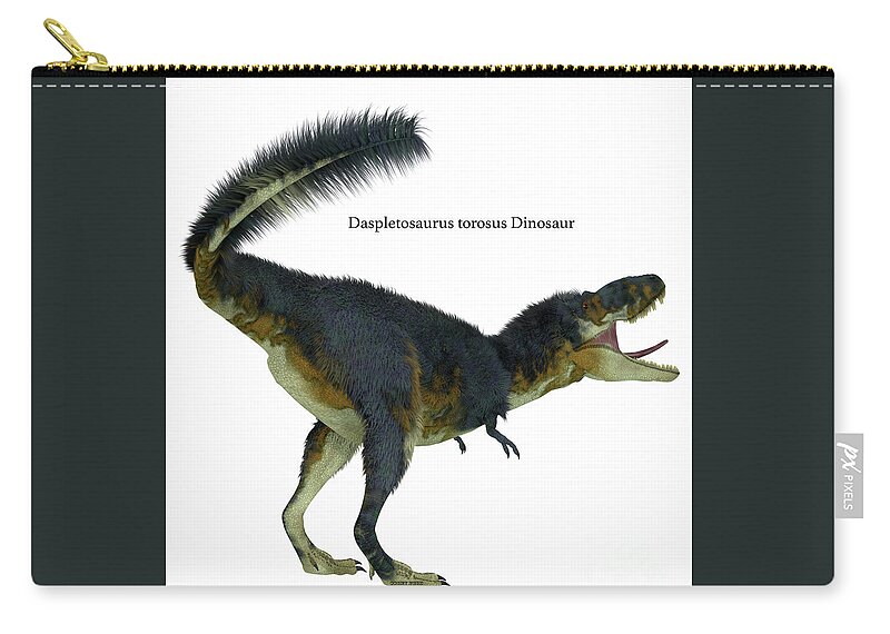 Daspletosaurus Zip Pouch featuring the digital art Daspletosaurus Dinosaur Tail with Font by Corey Ford