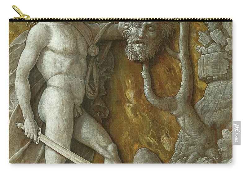 Andrea Mantegna Zip Pouch featuring the painting David and Goliath. Monochrome workshop painting Imitation of a relief -around 1490- 8.5 x 36 cm. by Andrea Mantegna -1431-1506-