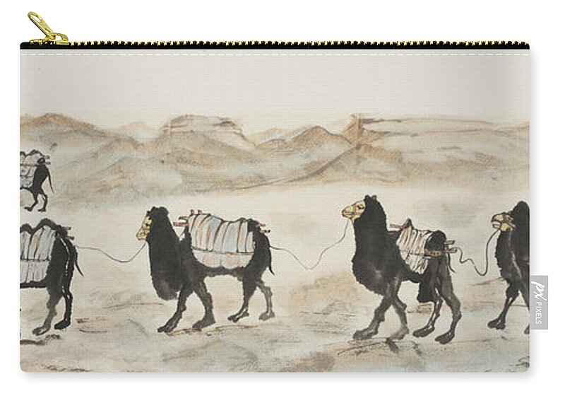 Chinese Watercolor Zip Pouch featuring the painting Camel Caravan Outside the Great Wall by Jenny Sanders