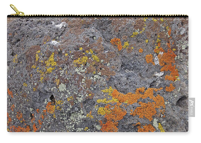 Background Zip Pouch featuring the photograph Details, brightly colored lichen on volcanic boulde by Steve Estvanik