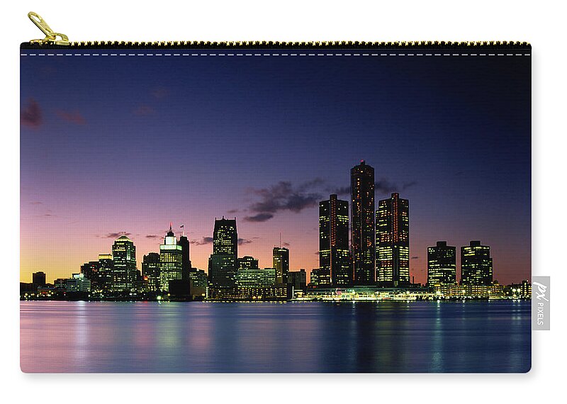 Purple Zip Pouch featuring the photograph Detroit Skyline At Dusk by Glen Allison