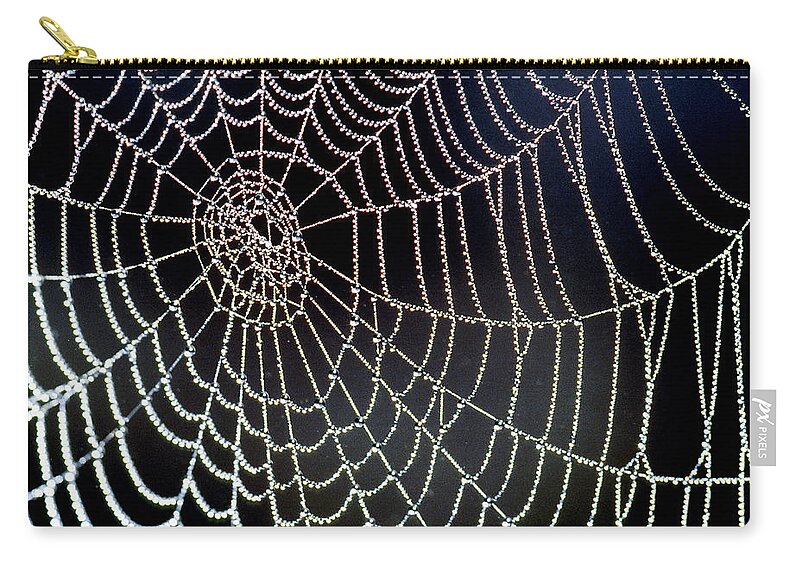 Arachnid Zip Pouch featuring the photograph Dew On A Spiders Web by Michael Lustbader