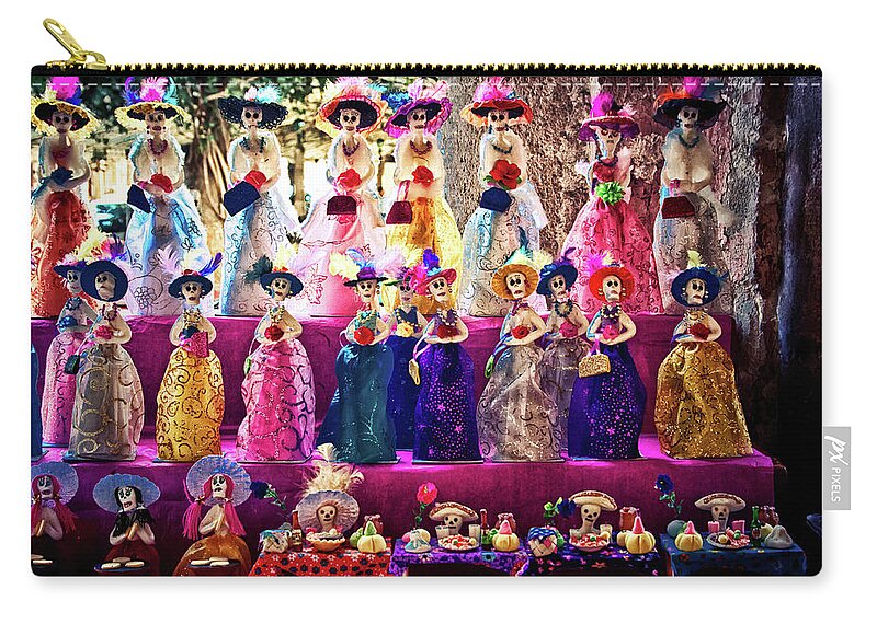 Dia De Los Muertos Zip Pouch featuring the photograph Dia De Los Muertos Spooky Candy Catrinas by Tatiana Travelways