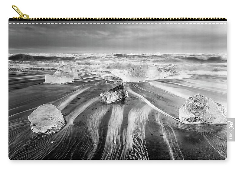 Joan Carroll Zip Pouch featuring the photograph Diamond Beach Iceland V BW by Joan Carroll