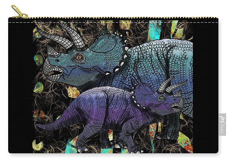 Dinosaur Zip Pouch featuring the digital art Dinosaur Triceratops and calf by Joan Stratton