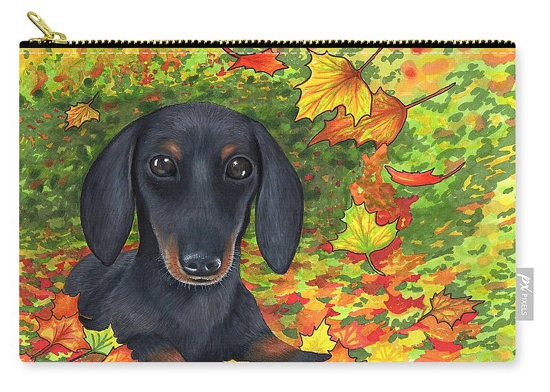 Dog Zip Pouch featuring the painting Dog 142 Dachshund by Lucie Dumas