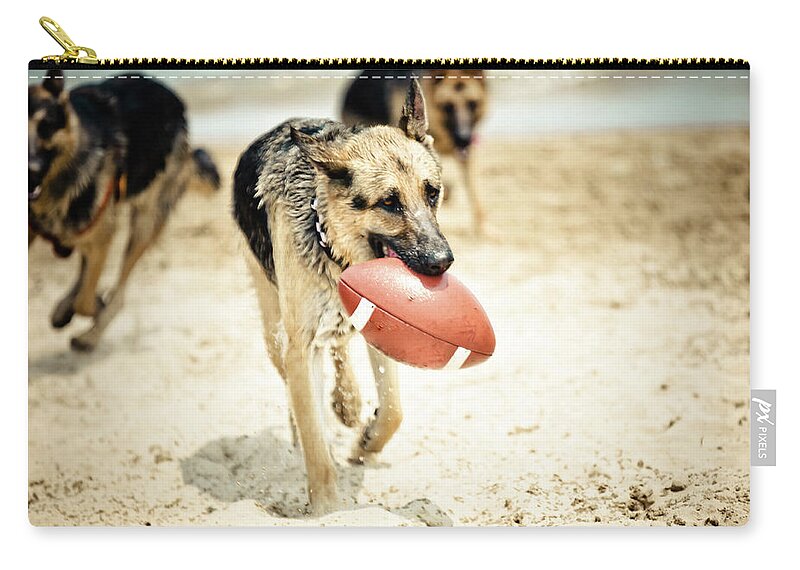 Pets Zip Pouch featuring the photograph Dog Holding Ball In Mouth by R. Brandon Harris