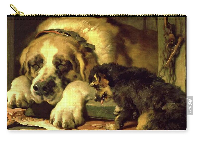 Grooming Zip Pouch featuring the mixed media Dogs - Doubtful Crumbs by Edwin Landseer