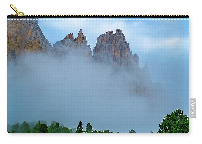Mountains Carry-all Pouch featuring the photograph Dolomite Spires in the morning mist by Leslie Struxness