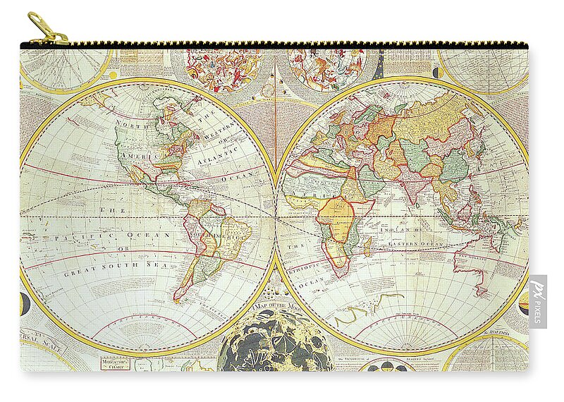 Ancient Zip Pouch featuring the digital art Double Hemisphere World Map by The Map House Of London