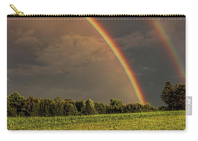 Weather Zip Pouch featuring the photograph Double Rainbow Over The Hay Field by Dale Kauzlaric