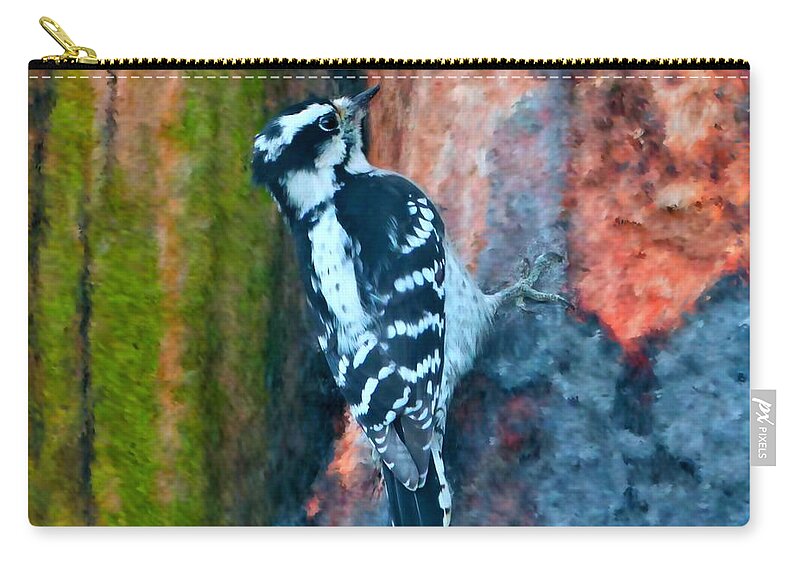 Woodpeckers Zip Pouch featuring the digital art Downy Woodpecker Bird by Sandra J's