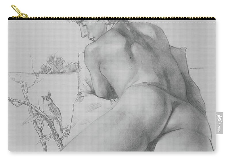 Male Nude Zip Pouch featuring the drawing Drawing-The bird is singing by Hongtao Huang