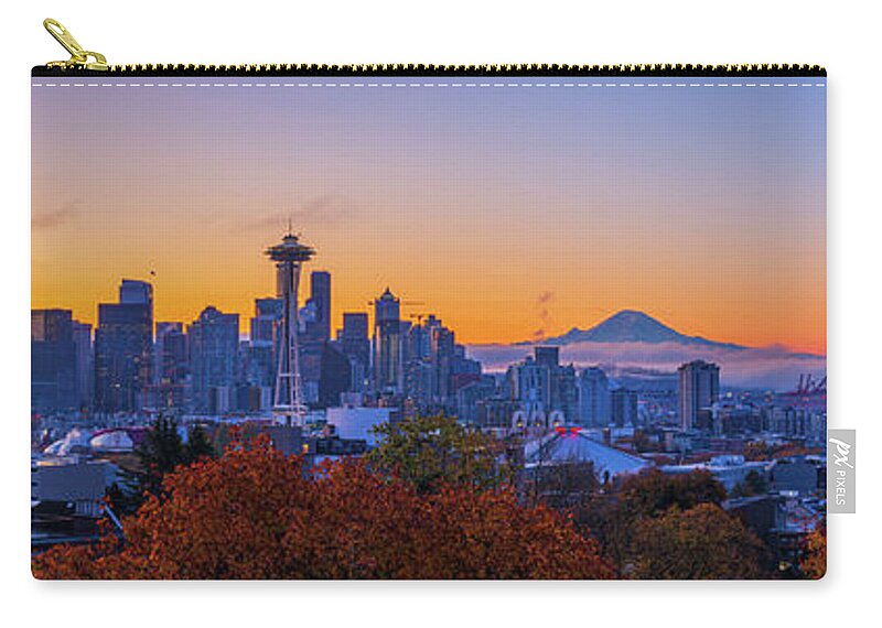 Outdoor; Sunrise; Space Needle; Elliot Bay; Port Seattle; Fall; Color; Maples; Mt Rainier; Downtown; Seattle; Washington Beauty; Pnw; Pacific North West Zip Pouch featuring the digital art Early Morning Seattle by Michael Lee